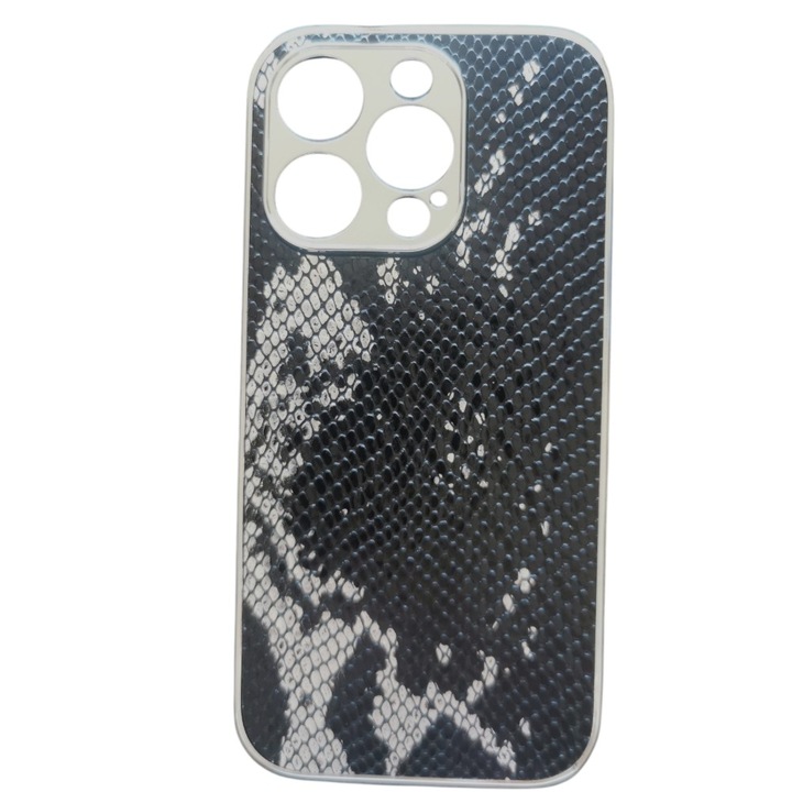 Кейс G-Tech Wild, съвместим с Apple iPhone 16 PRO, TPU и силикон, имитация на змийска кожа, черен/сребрист