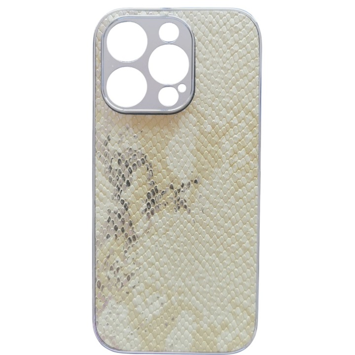 Кейс G-Tech Wild, съвместим с Apple iPhone 16 PRO, TPU и силикон, имитация на змийска кожа, златен/сребрист