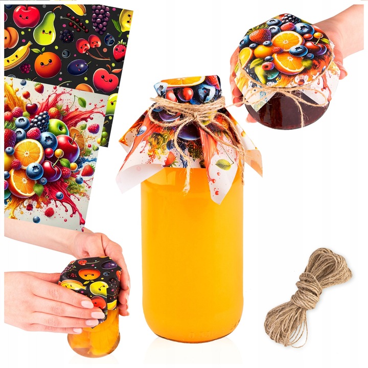 Set De Capace Pentru Borcane Si Sticle Din Iuta, Superbutelki, Stil Natural, Reutilizabile Si Organice, Motiv Colorat De Fructe, Usor De Utilizat, 135 Mm x 135 Mm x 10 M, 10 Bucati