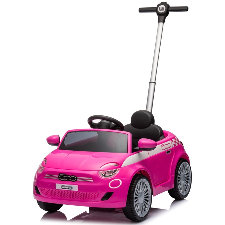 Masinuta de plimbat, Sun Baby, Fiat 500, Varsta 1.5 - 4 ani, Capacitate maxima 25 kg, ABS, Impingere autonoma sau control de catre parinti, 80 cm x 56 cm x 38 cm, Roz