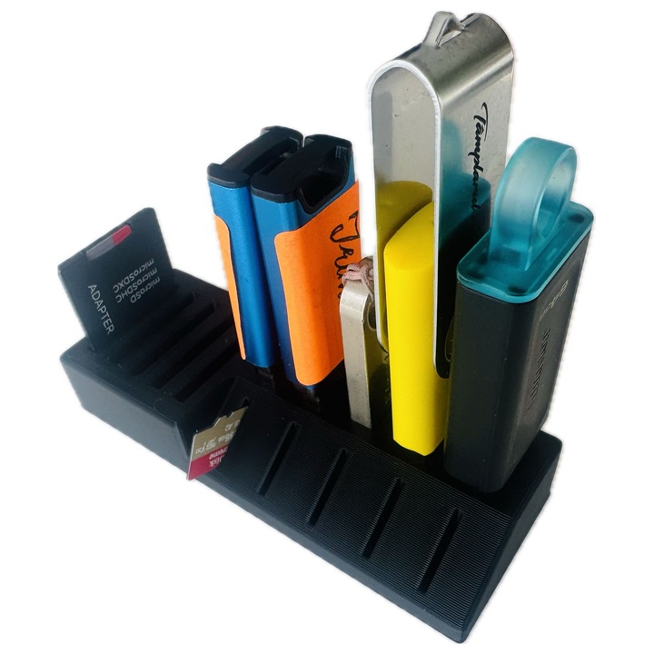 Organizator USB si Carduri de Memorie – Suport Birou Compact, 5 Sloturi USB + 10 Sloturi SD/MicroSD, Printat 3D din PLA, Negru