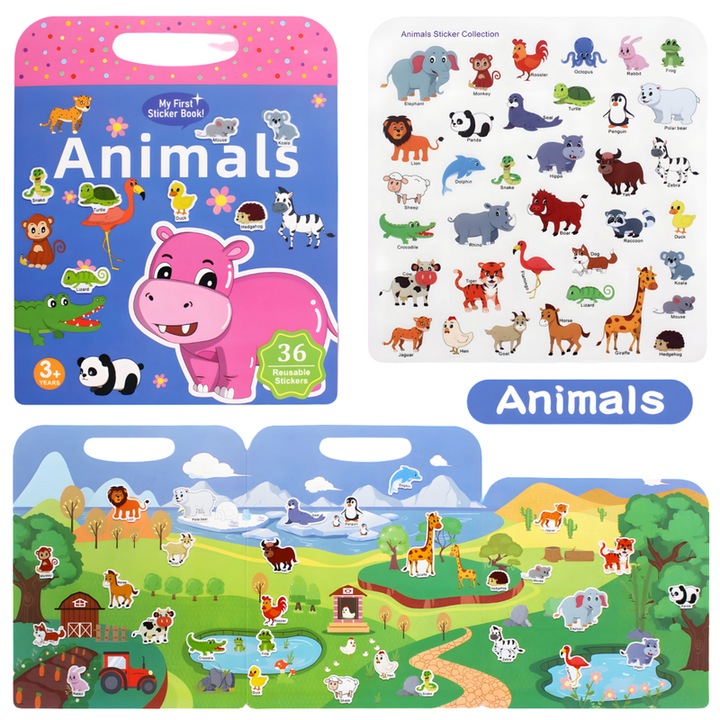 Wpeiusc carti autocolante educationale pentru copii, cuvinte de invatare, reutilizabile, carti interactive, 28 x 23,5 cm, potrivite pentru copiii sub 14 ani, animale