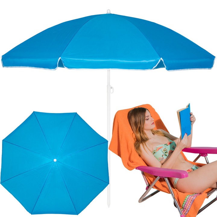 Umbrela De Plaja, Malcom, Cadru Robust, Protectie UV, Pliabil, spart, infipt in pamant, 120-215cm, Albastru