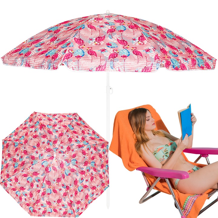 Umbrela De Plaja, Malcom, Cadru Robust, Protectie UV, Pliabil, spart, infipt in pamant, 120-215cm, model flamingo, roz/multicolor