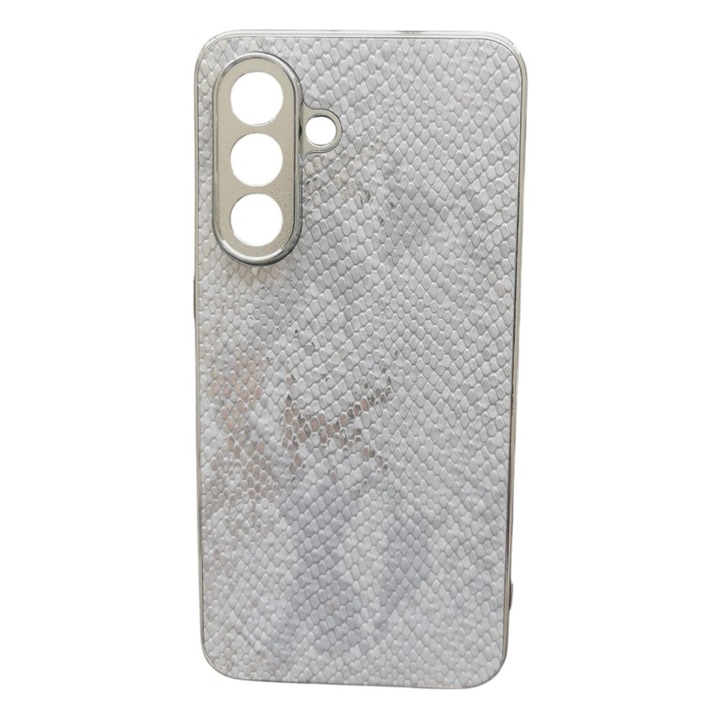 Кейс G-Tech Wild, съвместим с Samsung Galaxy S24 FE, TPU и силикон, имитация на змийска кожа, сребрист