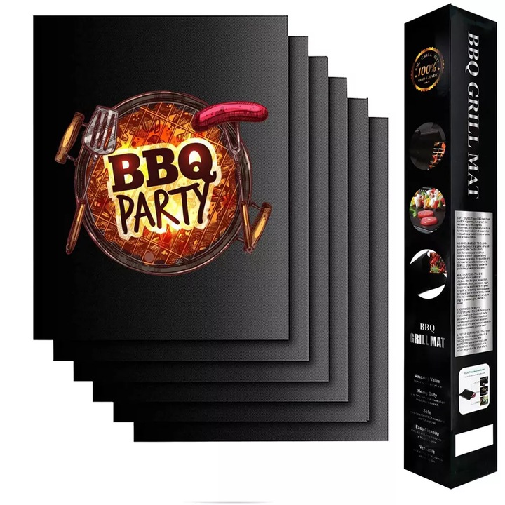 Folie teflon gratar PTFE, VALA® BBQ, 40x33cm, antiaderenta, reutilizabila, negru, Set 10buc