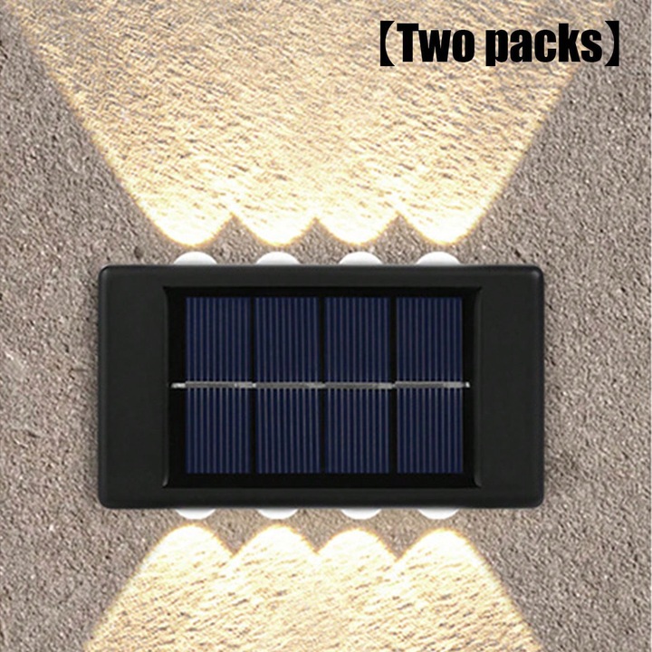 2 seturi de lumini solare decorative de exterior pentru perete/gard, senzor de lumina, 8 LED-uri in sus si in jos, lumina calda
