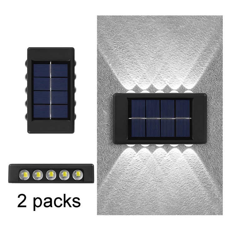 2 seturi de lumini solare decorative de exterior pentru perete/gard, senzor de lumina, 10 LED-uri in sus si in jos, lumina alba