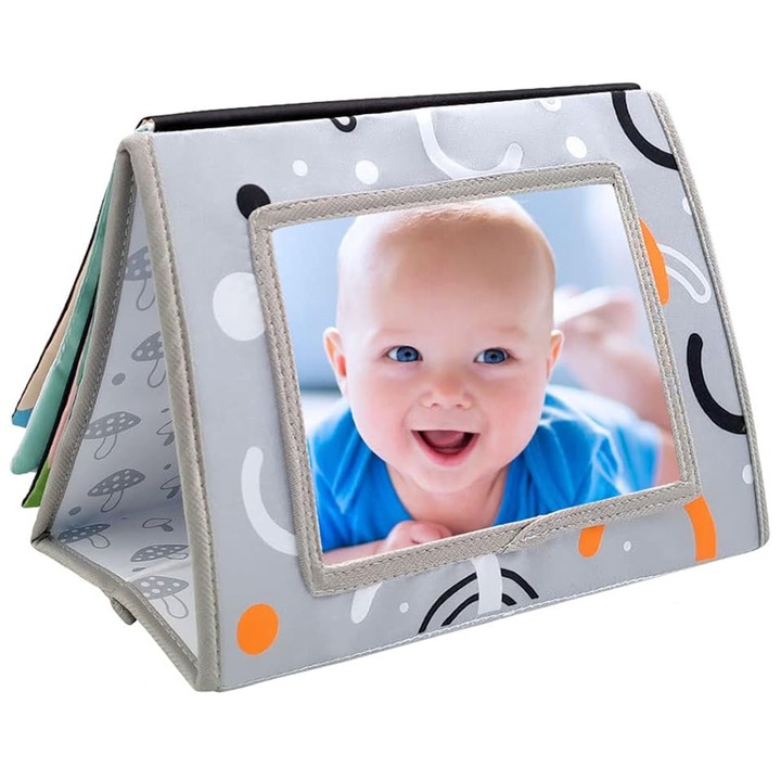 Jucarie Montessori pentru bebelusi si copilasi mici, AYSTOAYS®, Multicolore Textile 3D, senzoriala, cu oglinda, Gri