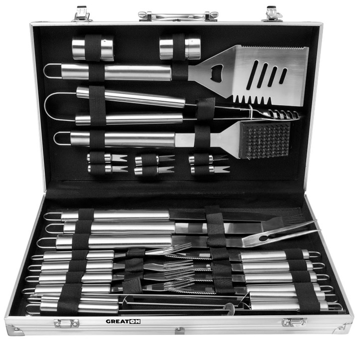 Trusa Ustensile Gratar GREATON, 27 Accesorii Din Inox, Contine Pensula, Cutite, Furculite, Stick Frigarui, Rezistente La Uzura, Argintiu
