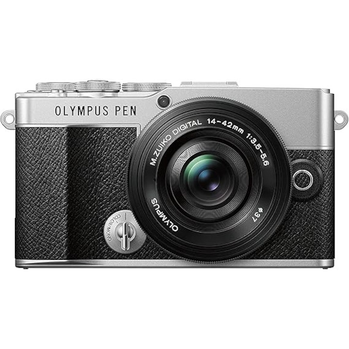 Kit camera Olympus Pen E-P7, senzor de 20 MP, ecran LCD HD rabatabil, inregistrare video 4K, Wi-Fi, control pentru profiluri color si monocrom, culoare argintiucam