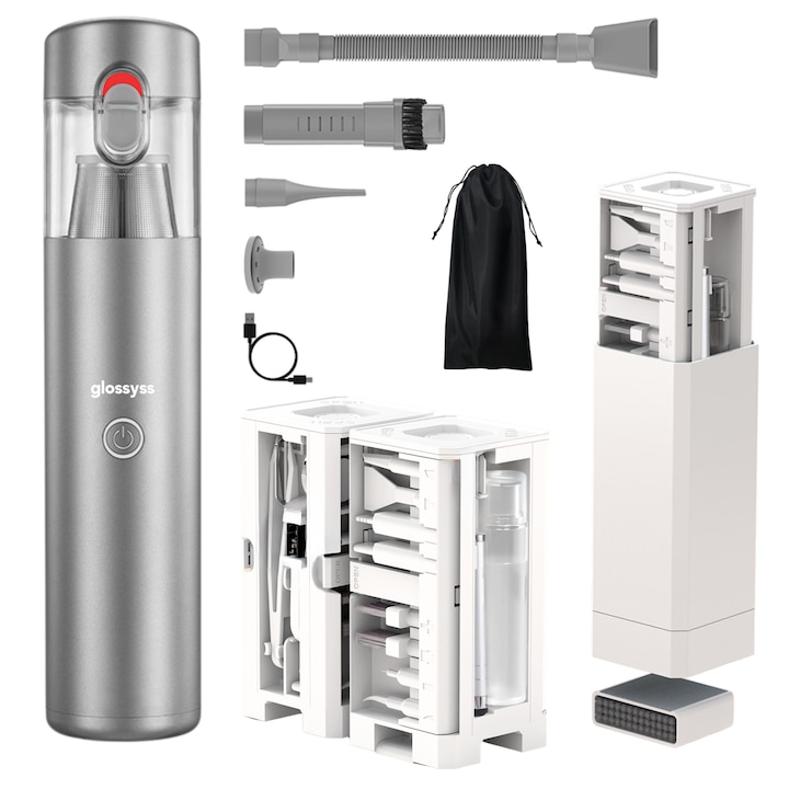 Aspirator Slim, Multifunctional, Portabil 3 in 1, Glossyss™, pentru Auto si Uz Casnic, Functii Aspirare, Suflare si Vidare, Filtru HEPA lavabil, 6 accesorii, Baterie 5200 mAh, 58.000 rotatii/min, Putere 70W, Kit de Curatare Electronice 32 in 1 inclus, Gri