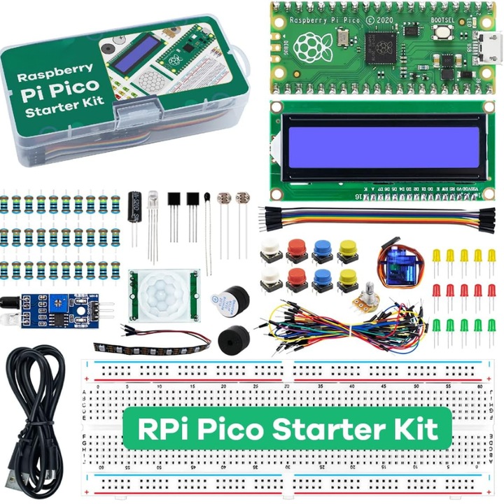 Raspberry Pi PICO RP2040 kompatibilis készlet - fejlesztőkártya, próbapanel, LCD modul és egyebek, ideális kezdőknek és barkácsoláshoz