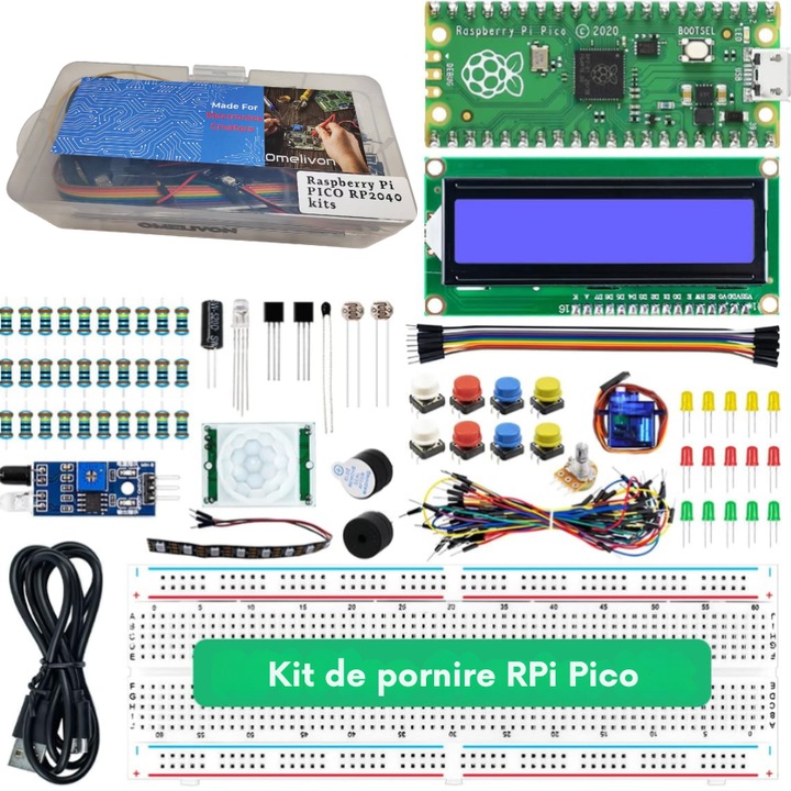 Kit compatibil cu Raspberry Pi PICO RP2040 – placa de dezvoltare, breadboard, modul LCD si altele, ideal pentru incepatori si practica DIY