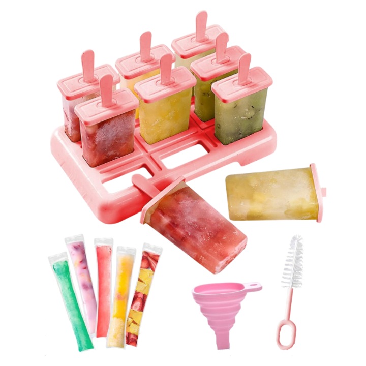 Комплект форми за сладолед с 6 отделения и 50 торбички за храна за сладолед, незалепваща пластмаса, клечки за многократна употреба, силиконова фуния и четка за почистване, розов