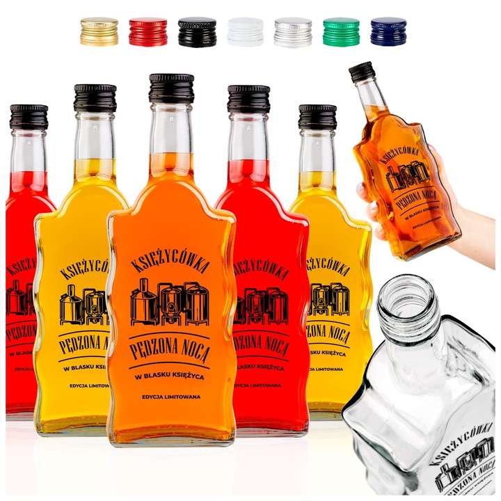 Set De Sticle De Sticla Wave 500 ml Cu Moonshine Imprimat + Capace, Superbutelki, Sticla, 500 ml, Inaltime: 23.5 cm, Latime: 8.5 cm, 23.5 cm x 8.5 cm, 50 Bucati