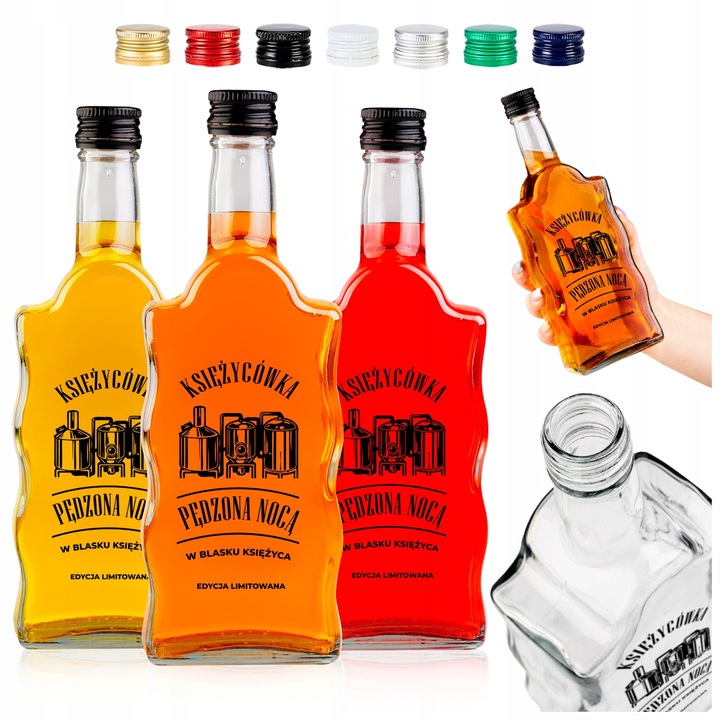 Set De Sticle De Sticla Wave 500 ml Cu Moonshine Imprimat + Capace, Superbutelki, Sticla, 500 ml, Ergonomice, Forma Ondulata, Inchidere Etansa In Diferite Culori, 23.5 cm x 8.6 cm, 5 Bucati