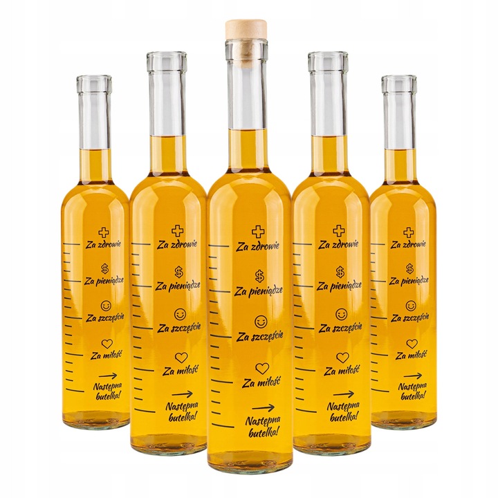 Комплект бутилки Futura с мярка, SuperButelki, Бутилка, Забавна мярка с надписи „За здраве“, „За пари“, „За щастие“ и „За любов“, Височина 29,5 см, Ширина 6 см, Многоцветни