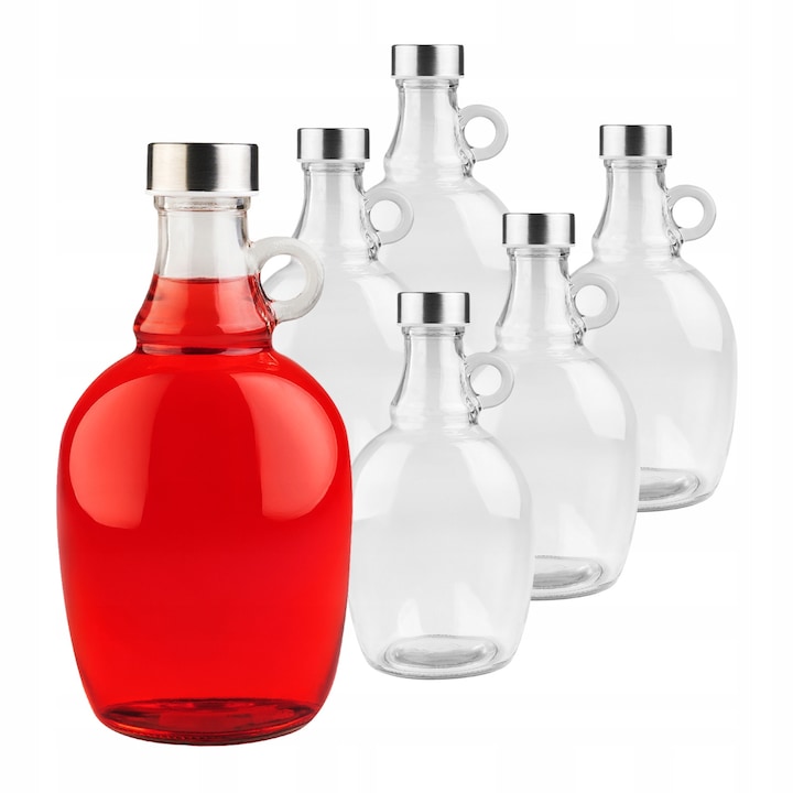 Комплект стъклени бутилки от 1 литър (1 галон) с дръжка и капачки, Superbutelki, стъкло, непропусклив капак, елегантна странична дръжка, лесни за почистване, 22,5 см x 12 см, прозрачни, 6 броя