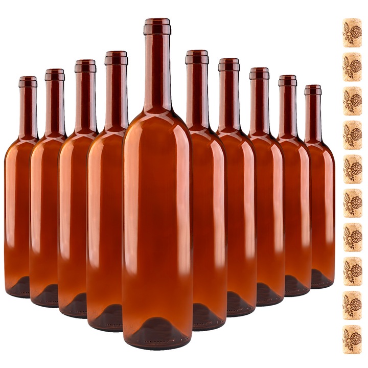 Комплект стъклени бутилки от бордо с тапи, SuperButelki, Стъкло, Висококачествено производство, Лесни за почистване, Издръжливи, 750 мл, Класическа форма, Издръжливост, 31 x 7,5 см, Кафяви