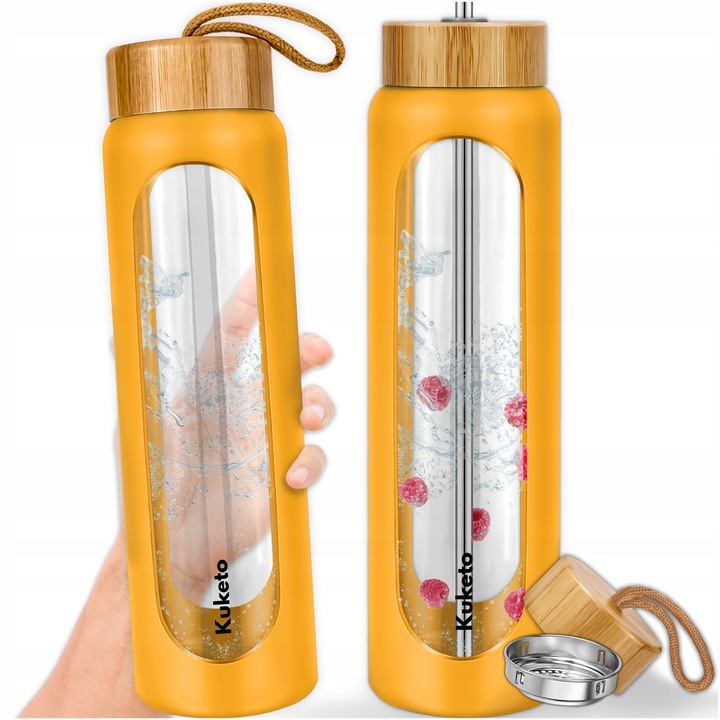 Бутилка със силиконов ръкав и бамбукова капачка, Kuketo, стъкло, 1.2 л, 30 x 8 см, прозрачно, 1 бутилка