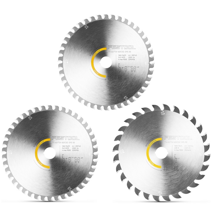 Set 3 discuri pentru fierastrau, Festool WOOD FINE CUT si WOOD UNIVERSAL, 168x1.8x20 cm