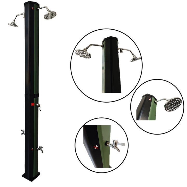 Двоен соларен душ за градина и басейн, капацитет 60 литра, 2 дъждовни душа, 2 крачни душа, черно-зелен, Fresco