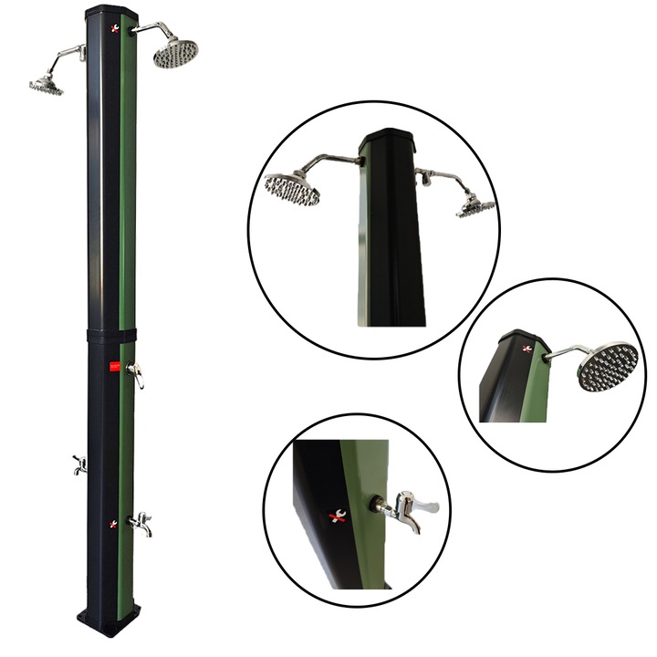 Dus solar dublu pentru gradina si piscina, capacitate 60 Litri, 2 dusuri tip ploaie, 2 dusuri pentru picior, Negru-Verde, Fresco