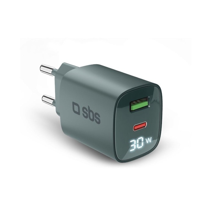 Мрежово зарядно GaN 30W SBS 81505 1xType-C 30W + 1xUSB AFC 18W + LCD, светло синьо