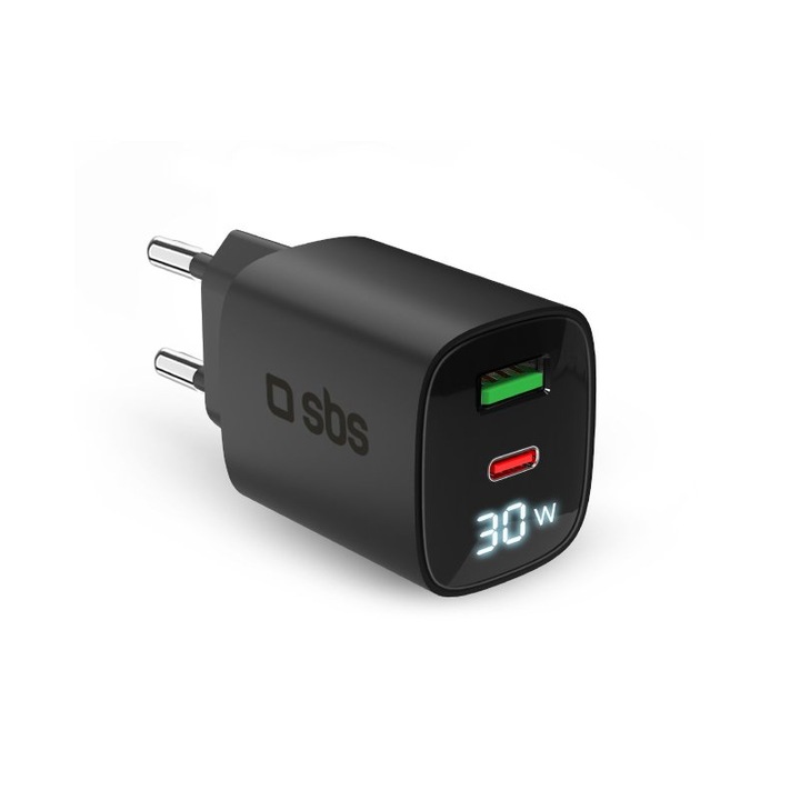 Мрежово зарядно GaN 30W SBS 81475 1xType-C 30W + 1xUSB AFC 18W + LCD, ЧЕРЕН