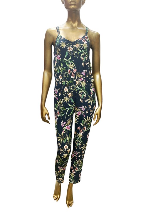Salopetă de damă ETAM PJ Paraiso, Pantaloni lungi, Bretele subțiri, Decolteu în V, Două buzunare, Imprimeu floral, Bleumarin
