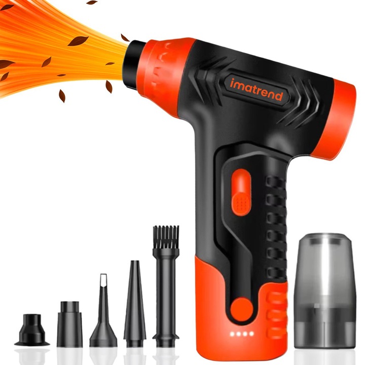 Suflanta Aer Comprimat Portabila IMA Trend®, Cu Functie Aspirare, Turbo Fan 140000 RPM, 4 Trepte Putere, Baterie 5000 mAh, Incarcare USB-C, Motor Fara Perii, Pentru Auto, Frizerie, Curatare Filtre, Praf si Frunze, Portocaliu