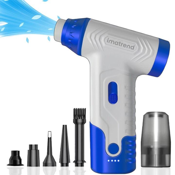 Suflanta Aer Comprimat Portabila IMA Trend®, Cu Functie Aspirare, Turbo Fan 140000 RPM, 4 Trepte Putere, Baterie 5000 mAh, Incarcare USB-C, Motor Fara Perii, Pentru Auto, Frizerie, Curatare Filtre, Praf si Frunze, Albastru