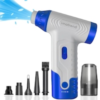Suflanta Aer Comprimat Portabila IMA Trend®, Cu Functie Aspirare, Turbo Fan 140000 RPM, 4 Trepte Putere, Baterie 5000 mAh, Incarcare USB-C, Motor Fara Perii, Pentru Auto, Frizerie, Curatare Filtre, Praf si Frunze, Albastru