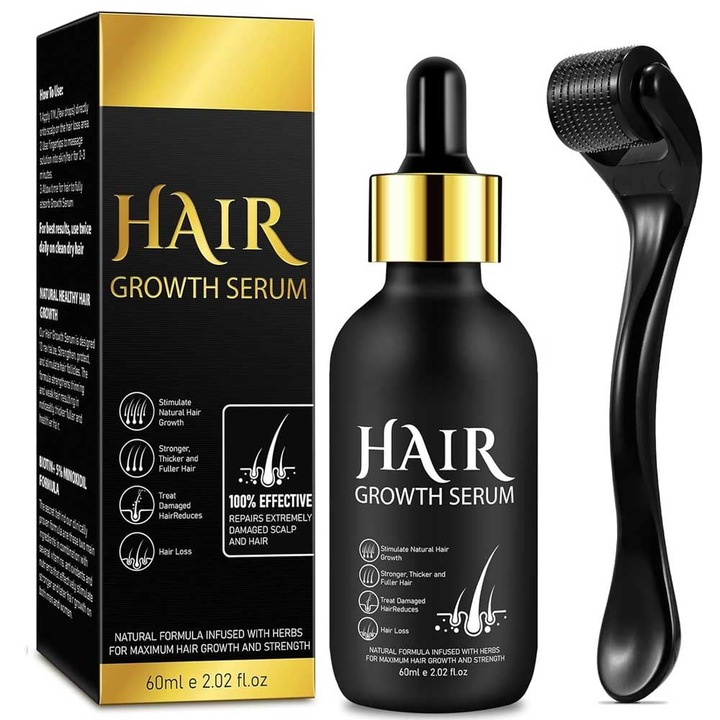 Set Premium pentru Cresterea Parului cu DermaRoller + Ser cu Biotina, 60 ml