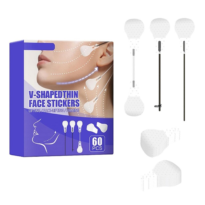 Set 60 plasturi lifting facial Chucai, transparent, pentru reducerea ridurilor, pentru strangerea pielii