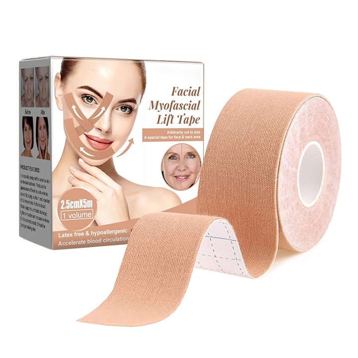 Кинезиологична лента за лице, Chucai, 2.5x5m, бежова, за стягане на кожата и премахване на бръчки