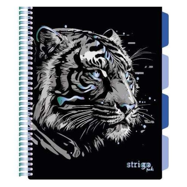 Спирална тетрадка с разделители, STRIGO PADS Project Book TIGRU, B5, математика, 200 страници, 80 гр. FSC хартия, твърди корици, черно и синьо