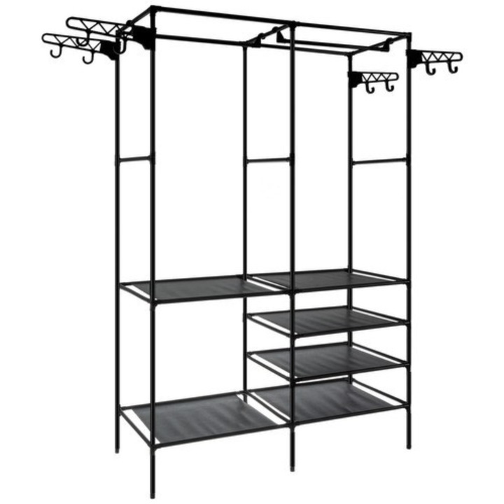 VarioShop® ruhatartó állvány, 6 polccal, 8 vállfával, hatékony rendszerezés, helytakarékos, 173 x 36 x 108 cm, fekete