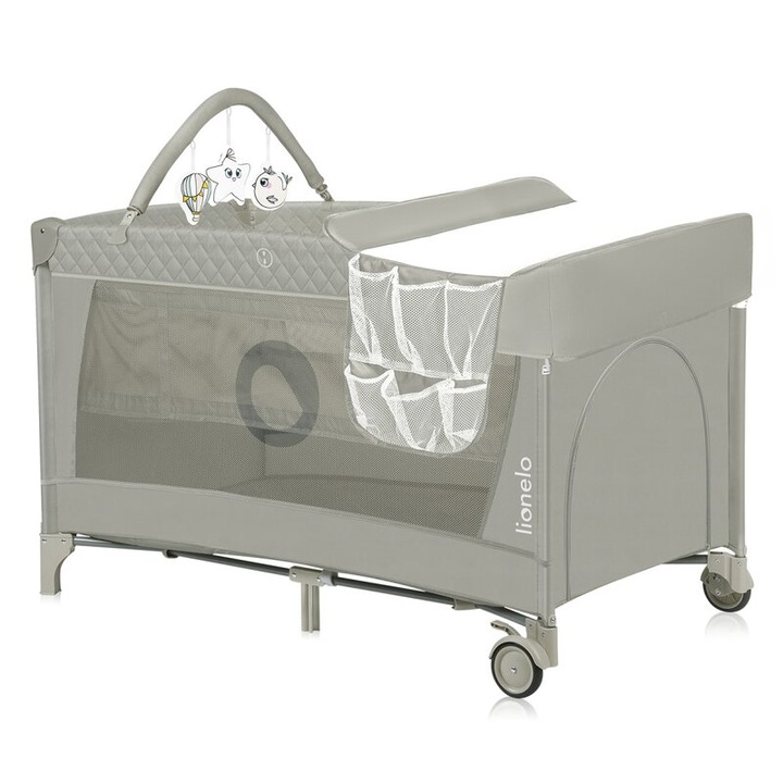Patut pliant, Lionelo, Flower, Cu doua nivele, Cu arcada, Geanta transport, Masuta de infasat, Bara cu jucarii, Fereastra laterala, 120x60 cm, Conform cu standardele europeane de securitate EN 716 si EN12221, Cappuccino