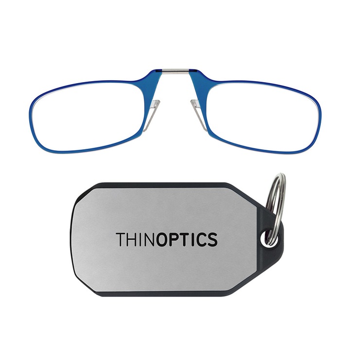 Ochelari de vedere Thinoptics pentru citit fara brate, +2.00, ultra slim, cu etui tip breloc metalic, atasare chei, albastru
