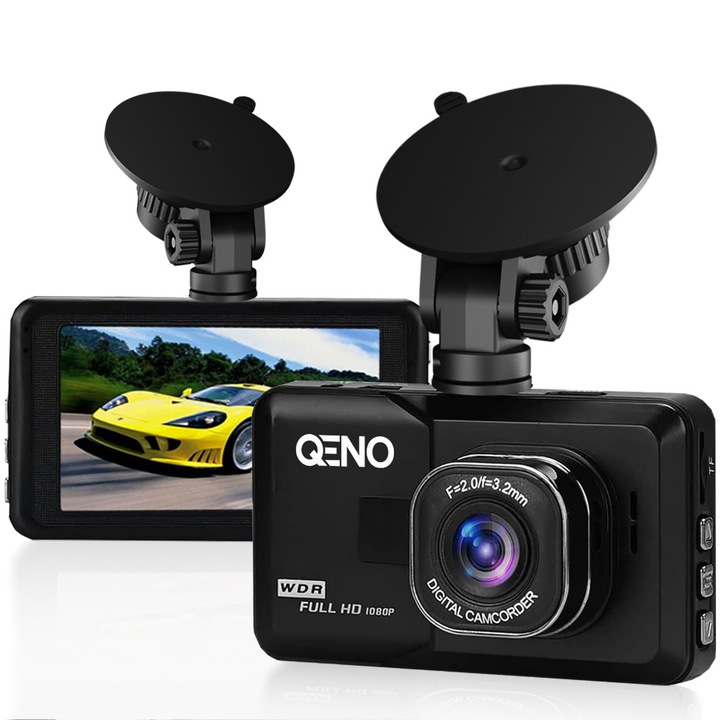 Qeno® OneView Автомобилен DVR, Видеорегистратор, Ултракомпактен Видеорегистратор, FULL-HD 1080P, 3-инчов LCD дисплей, Цикличен Запис, 170° Широк ъгъл на видимост, G-сензор, Нощно Видение, Детектор на Движение, Вакуумна Вендуза, Черно-Сиво