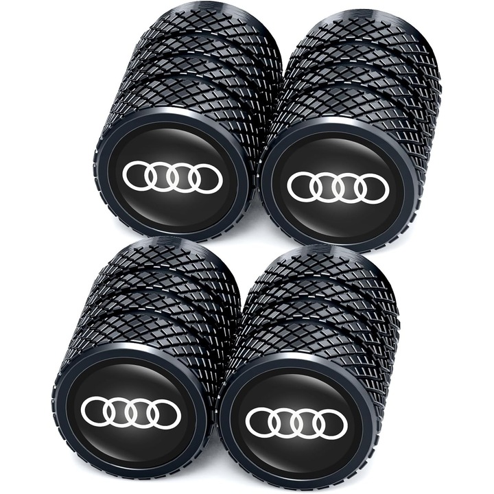 Set 4 Capacele pentru Ventil Auto, Capace Valva, Audi, Design Premium, Logo 3D, Rezistent la rugina, Etansare rezistenta la praf, Negru