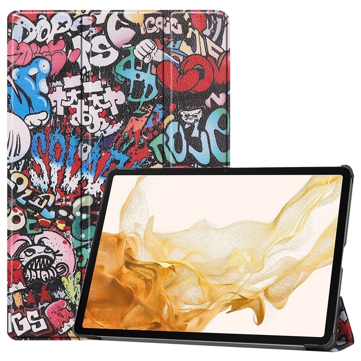 Samsung Galaxy Tab S9+ készülékkel kompatibilis tablet tok, festett bőr, 3-szoros állvánnyal, okostok, graffiti mintás