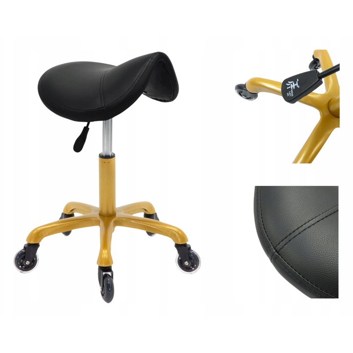 Taboret profesional Luka Rodeo, negru, baza aurie, inaltime reglabila 38-53 cm, 35 cm latime
