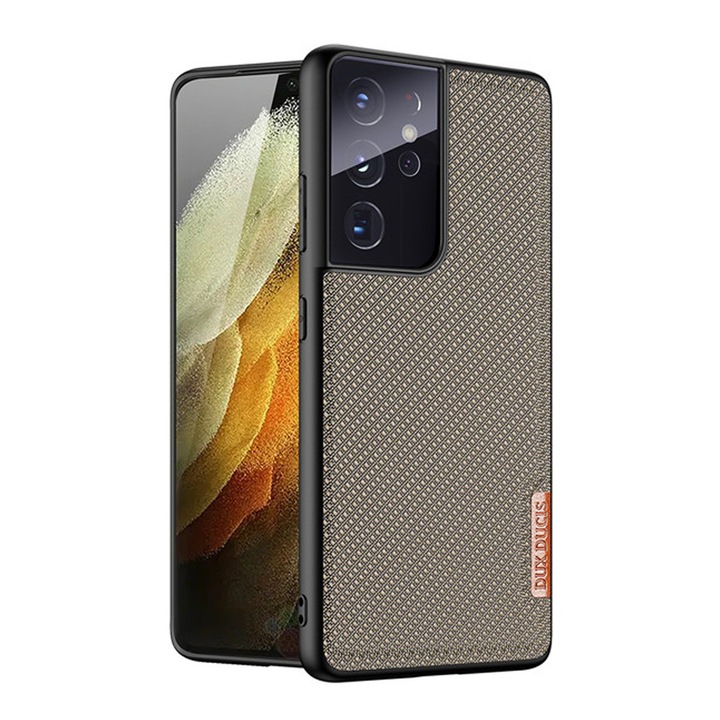 Prémium védőtok Samsung Galaxy S21 Ultra készülékhez, OPTIM SOLUTION, modern szőtt textil anyagból, ujjlenyomat-álló, ütésálló, precíz kivágások, vékony, áttetsző kialakítás, felső szintű OptimS védelem, khaki zöld