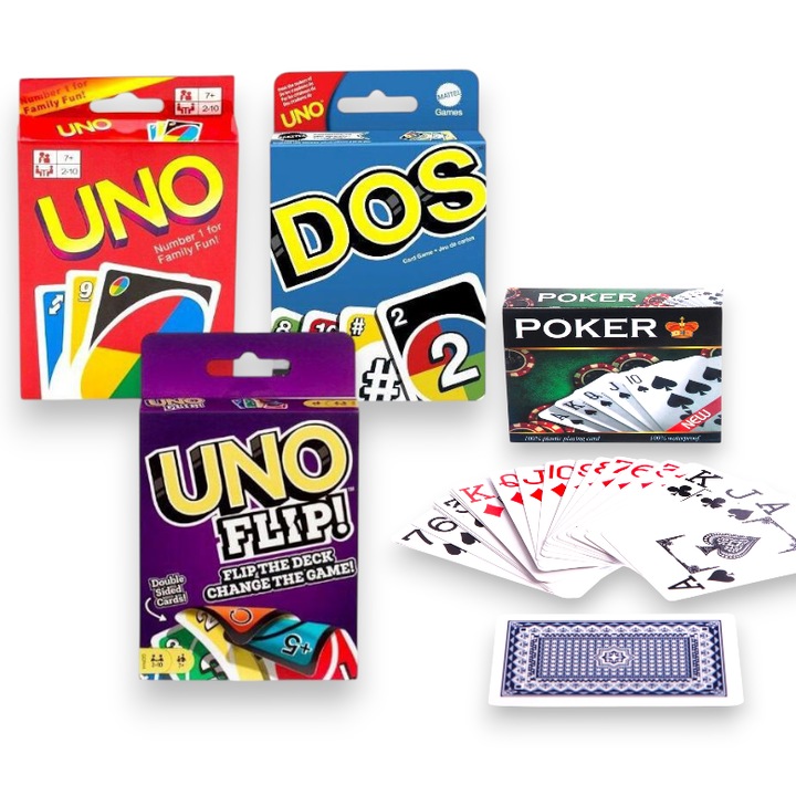 Set Joc de Societate UNO, UNO Flip, DOS + Set Carti de Joc Poker