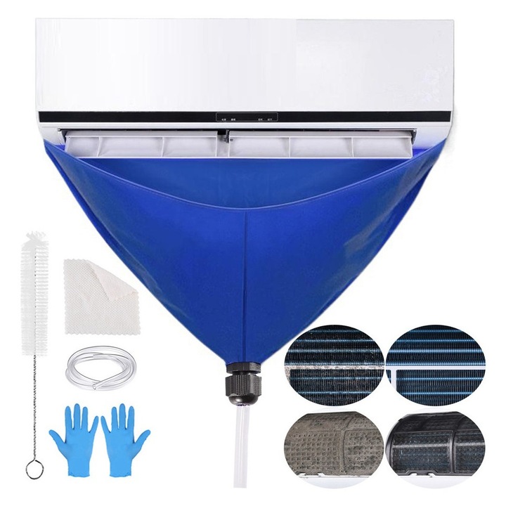 Légkondicionáló tisztító és fertőtlenítő készlet, vízálló, Lefolyócső, Duguláselhárító kefe, BEEVME®, Tisztítókefe, Törlőkendő, 56*100*69cm, Kék