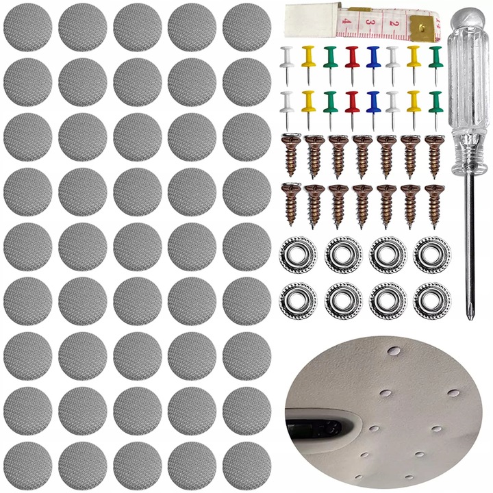 Kit universal pentru repararea plafonului auto, Zola, ideal pentru tapiserie, 70 capse, suruburi 14 mm, ace colorate, surubelnita, centimetru