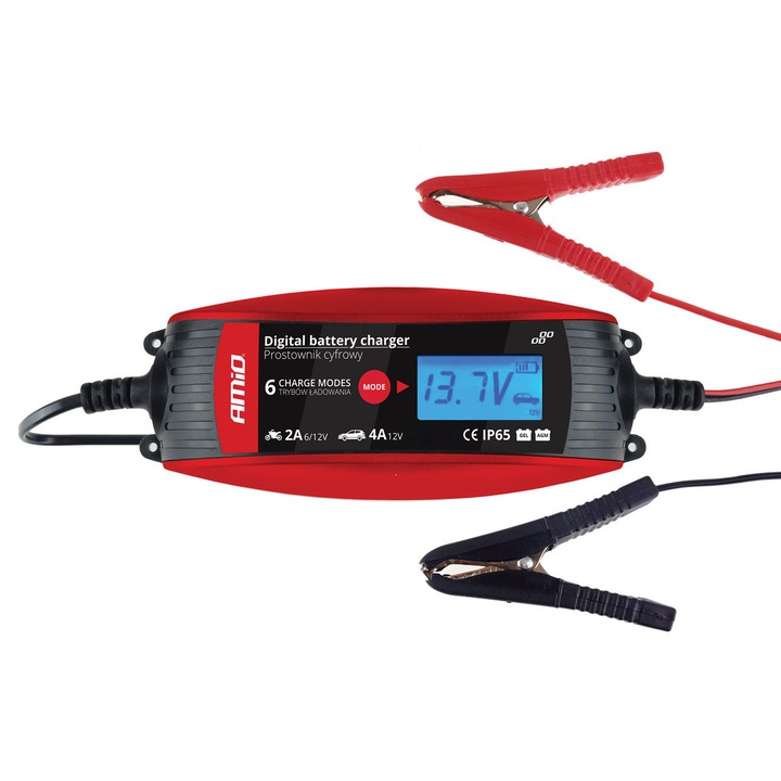 Incarcator, redresor digital, AMiO DVL DBC-4A, 6V/12V, 2A/4A, pentru Baterii Acid/Gel, IP65, 6 Programe, 60W
